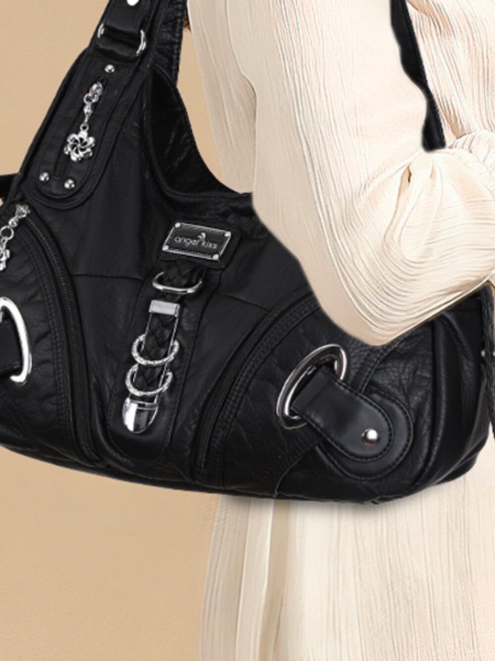 Elegant Black Shoulder Bag, Angelkiss, Soft Vegan Leather - Picture 2 of 6